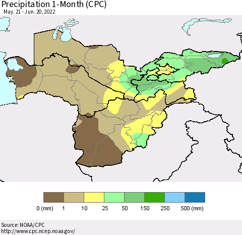 Central Asia Precipitation 1-Month (CPC) Thematic Map For 5/21/2022 - 6/20/2022