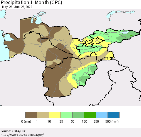 Central Asia Precipitation 1-Month (CPC) Thematic Map For 5/26/2022 - 6/25/2022