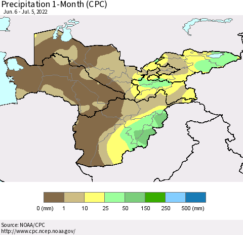 Central Asia Precipitation 1-Month (CPC) Thematic Map For 6/6/2022 - 7/5/2022
