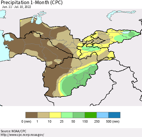 Central Asia Precipitation 1-Month (CPC) Thematic Map For 6/11/2022 - 7/10/2022