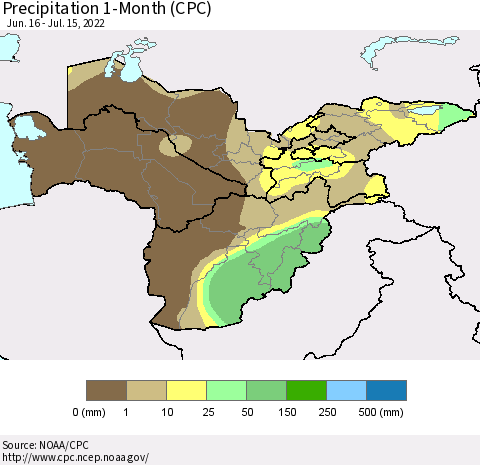 Central Asia Precipitation 1-Month (CPC) Thematic Map For 6/16/2022 - 7/15/2022