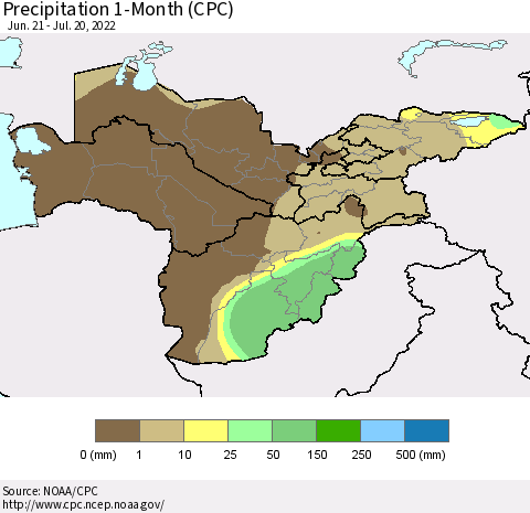 Central Asia Precipitation 1-Month (CPC) Thematic Map For 6/21/2022 - 7/20/2022