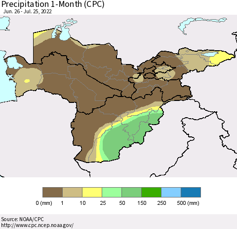 Central Asia Precipitation 1-Month (CPC) Thematic Map For 6/26/2022 - 7/25/2022
