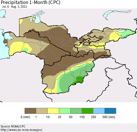 Central Asia Precipitation 1-Month (CPC) Thematic Map For 7/6/2022 - 8/5/2022