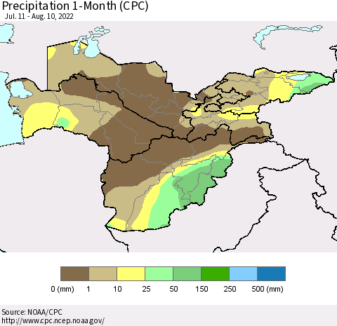 Central Asia Precipitation 1-Month (CPC) Thematic Map For 7/11/2022 - 8/10/2022