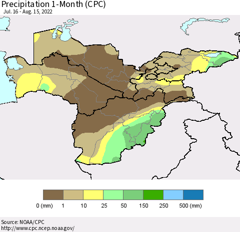 Central Asia Precipitation 1-Month (CPC) Thematic Map For 7/16/2022 - 8/15/2022