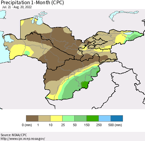 Central Asia Precipitation 1-Month (CPC) Thematic Map For 7/21/2022 - 8/20/2022