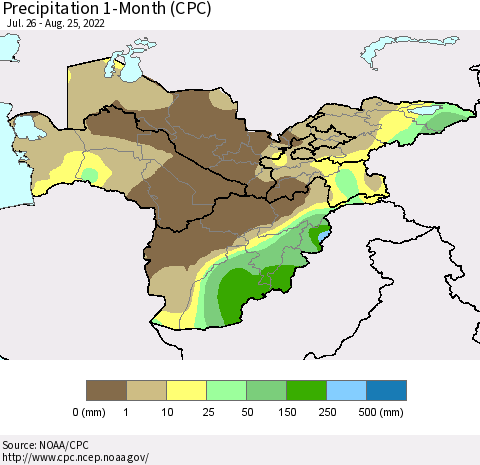 Central Asia Precipitation 1-Month (CPC) Thematic Map For 7/26/2022 - 8/25/2022
