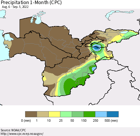 Central Asia Precipitation 1-Month (CPC) Thematic Map For 8/6/2022 - 9/5/2022