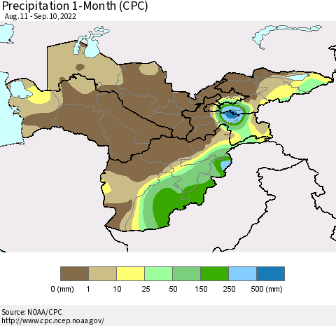 Central Asia Precipitation 1-Month (CPC) Thematic Map For 8/11/2022 - 9/10/2022