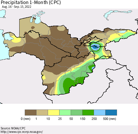 Central Asia Precipitation 1-Month (CPC) Thematic Map For 8/16/2022 - 9/15/2022