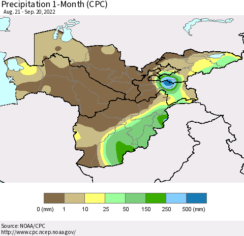 Central Asia Precipitation 1-Month (CPC) Thematic Map For 8/21/2022 - 9/20/2022