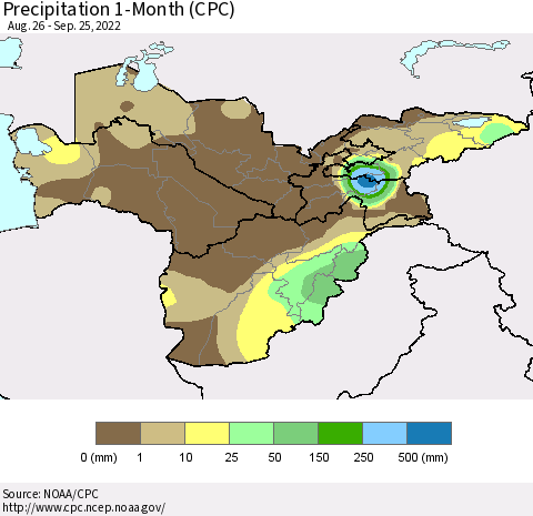 Central Asia Precipitation 1-Month (CPC) Thematic Map For 8/26/2022 - 9/25/2022