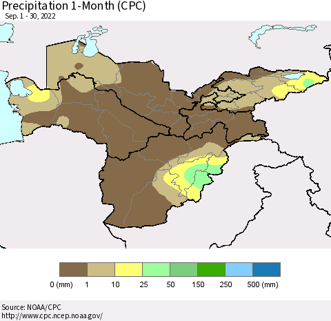 Central Asia Precipitation 1-Month (CPC) Thematic Map For 9/1/2022 - 9/30/2022