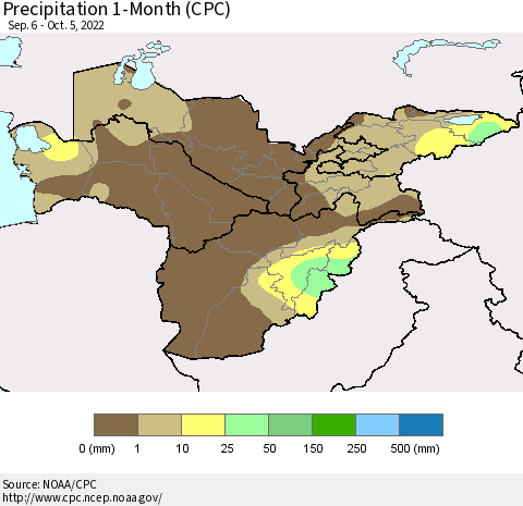 Central Asia Precipitation 1-Month (CPC) Thematic Map For 9/6/2022 - 10/5/2022