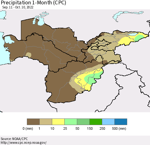 Central Asia Precipitation 1-Month (CPC) Thematic Map For 9/11/2022 - 10/10/2022