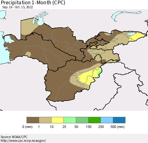 Central Asia Precipitation 1-Month (CPC) Thematic Map For 9/16/2022 - 10/15/2022