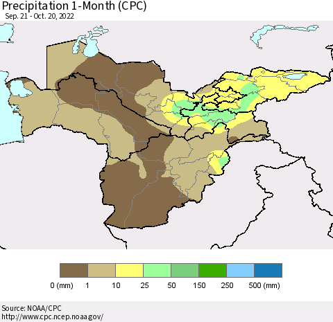 Central Asia Precipitation 1-Month (CPC) Thematic Map For 9/21/2022 - 10/20/2022