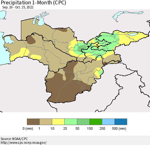 Central Asia Precipitation 1-Month (CPC) Thematic Map For 9/26/2022 - 10/25/2022