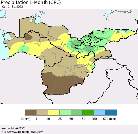 Central Asia Precipitation 1-Month (CPC) Thematic Map For 10/1/2022 - 10/31/2022