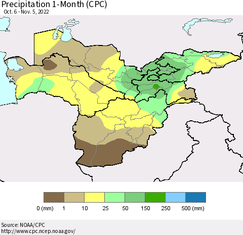 Central Asia Precipitation 1-Month (CPC) Thematic Map For 10/6/2022 - 11/5/2022