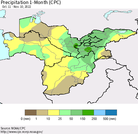 Central Asia Precipitation 1-Month (CPC) Thematic Map For 10/11/2022 - 11/10/2022