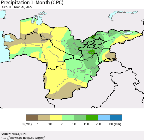 Central Asia Precipitation 1-Month (CPC) Thematic Map For 10/21/2022 - 11/20/2022