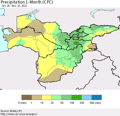 Central Asia Precipitation 1-Month (CPC) Thematic Map For 10/26/2022 - 11/25/2022