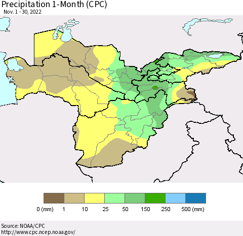 Central Asia Precipitation 1-Month (CPC) Thematic Map For 11/1/2022 - 11/30/2022