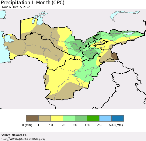 Central Asia Precipitation 1-Month (CPC) Thematic Map For 11/6/2022 - 12/5/2022