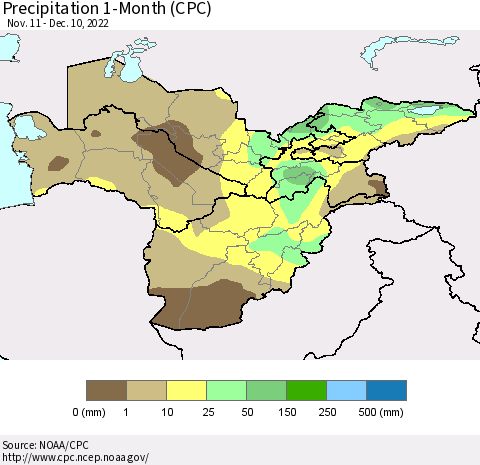 Central Asia Precipitation 1-Month (CPC) Thematic Map For 11/11/2022 - 12/10/2022