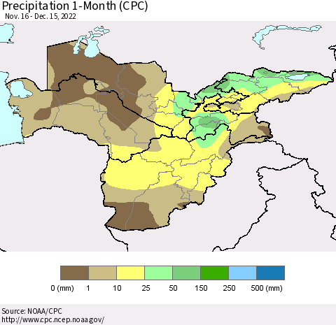 Central Asia Precipitation 1-Month (CPC) Thematic Map For 11/16/2022 - 12/15/2022