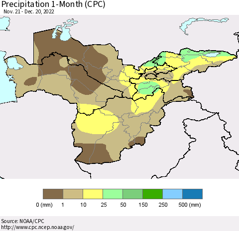 Central Asia Precipitation 1-Month (CPC) Thematic Map For 11/21/2022 - 12/20/2022
