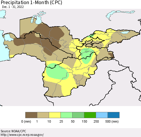 Central Asia Precipitation 1-Month (CPC) Thematic Map For 12/1/2022 - 12/31/2022