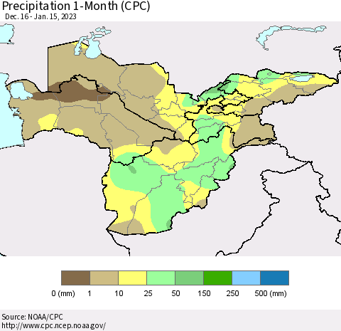 Central Asia Precipitation 1-Month (CPC) Thematic Map For 12/16/2022 - 1/15/2023