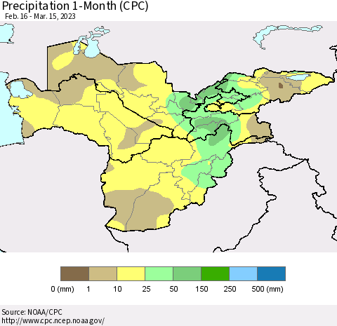 Central Asia Precipitation 1-Month (CPC) Thematic Map For 2/16/2023 - 3/15/2023