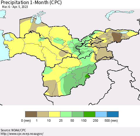 Central Asia Precipitation 1-Month (CPC) Thematic Map For 3/6/2023 - 4/5/2023