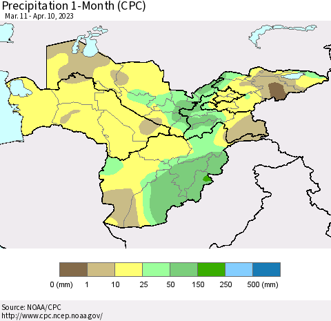 Central Asia Precipitation 1-Month (CPC) Thematic Map For 3/11/2023 - 4/10/2023