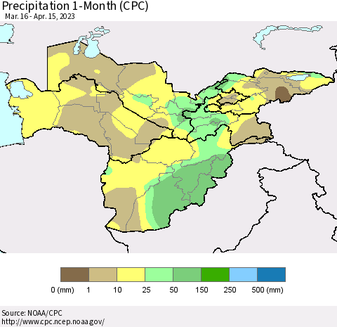 Central Asia Precipitation 1-Month (CPC) Thematic Map For 3/16/2023 - 4/15/2023