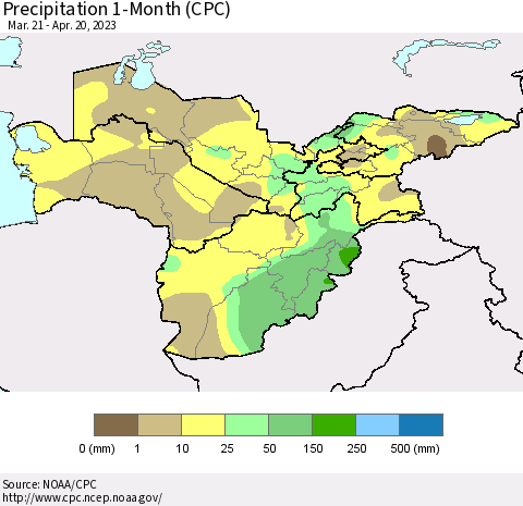 Central Asia Precipitation 1-Month (CPC) Thematic Map For 3/21/2023 - 4/20/2023