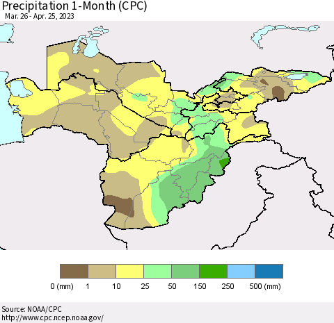 Central Asia Precipitation 1-Month (CPC) Thematic Map For 3/26/2023 - 4/25/2023