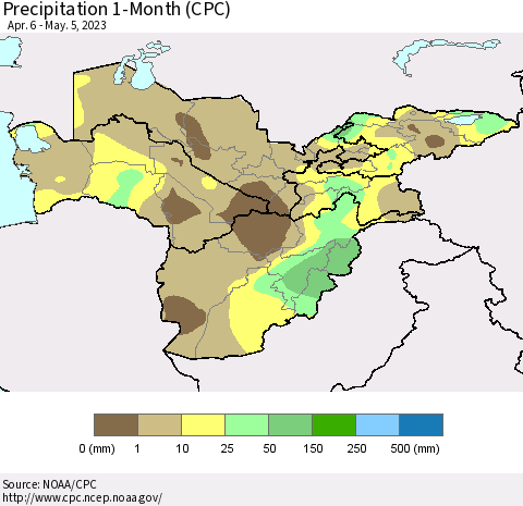 Central Asia Precipitation 1-Month (CPC) Thematic Map For 4/6/2023 - 5/5/2023