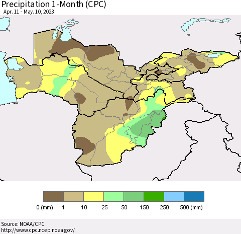 Central Asia Precipitation 1-Month (CPC) Thematic Map For 4/11/2023 - 5/10/2023