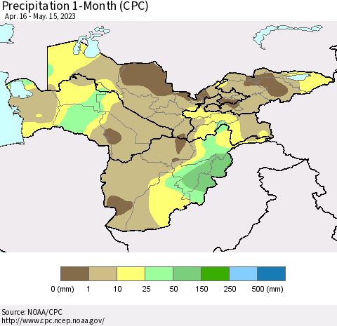 Central Asia Precipitation 1-Month (CPC) Thematic Map For 4/16/2023 - 5/15/2023