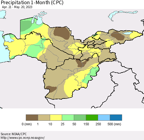 Central Asia Precipitation 1-Month (CPC) Thematic Map For 4/21/2023 - 5/20/2023