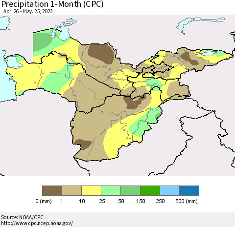 Central Asia Precipitation 1-Month (CPC) Thematic Map For 4/26/2023 - 5/25/2023