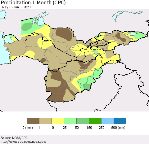 Central Asia Precipitation 1-Month (CPC) Thematic Map For 5/6/2023 - 6/5/2023