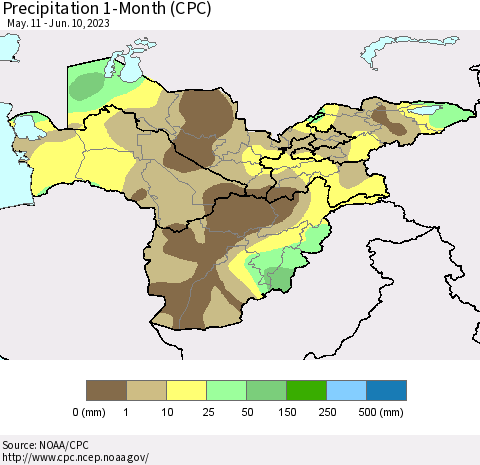 Central Asia Precipitation 1-Month (CPC) Thematic Map For 5/11/2023 - 6/10/2023