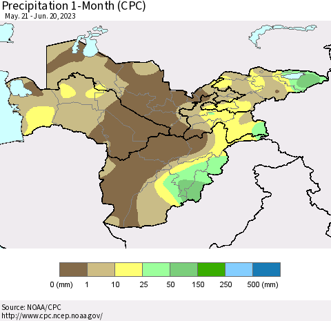 Central Asia Precipitation 1-Month (CPC) Thematic Map For 5/21/2023 - 6/20/2023