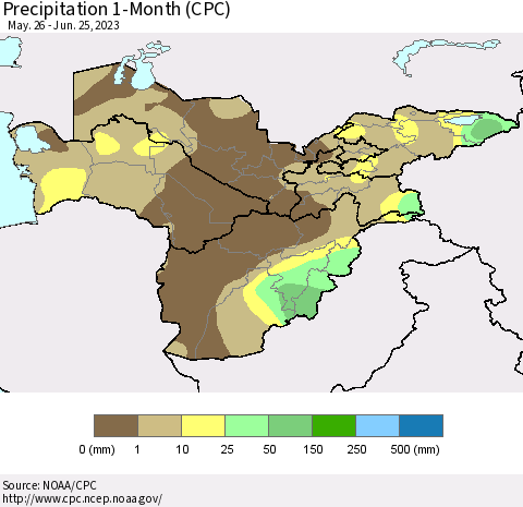 Central Asia Precipitation 1-Month (CPC) Thematic Map For 5/26/2023 - 6/25/2023